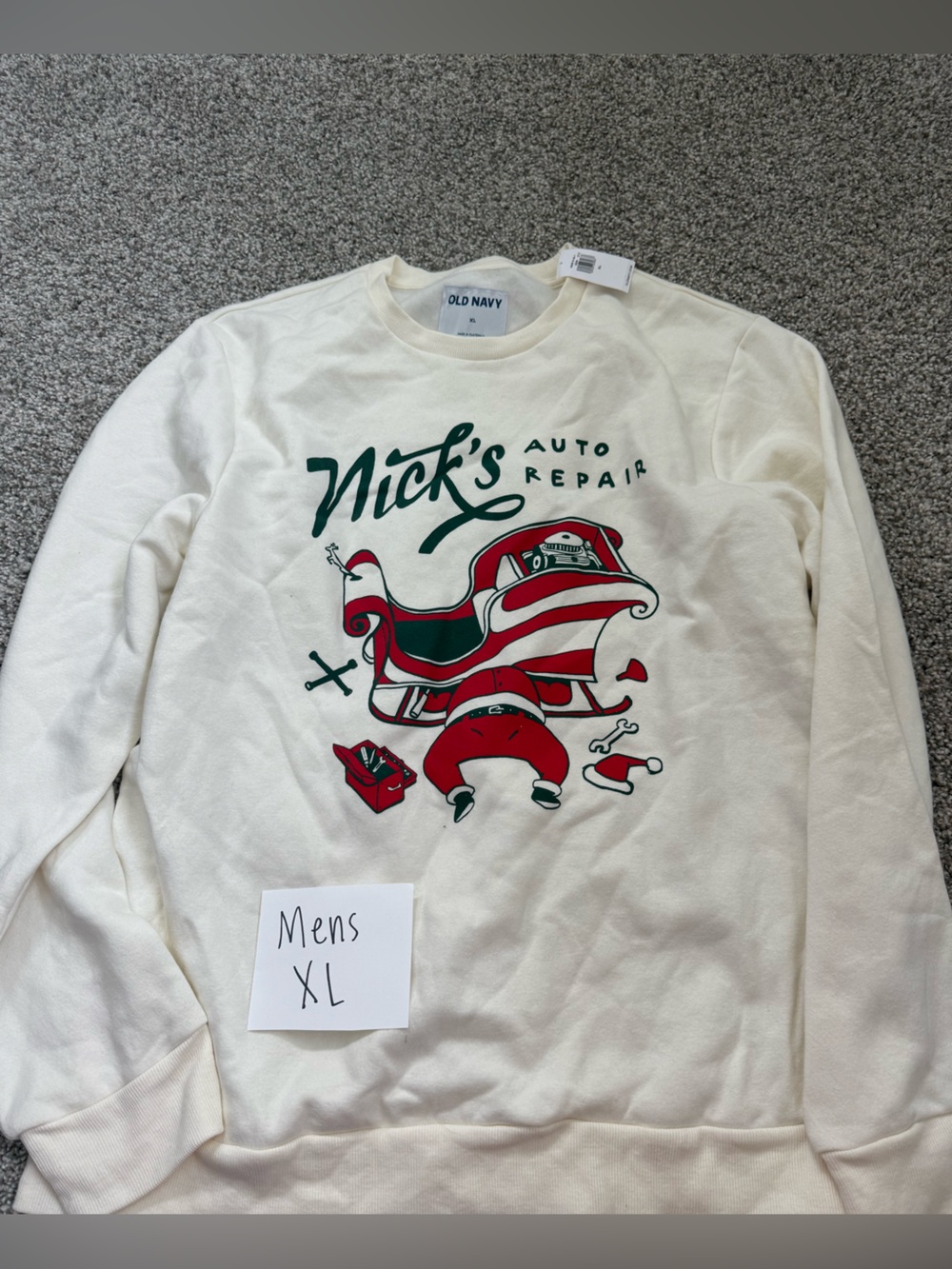 Old Navy Cream Christmas Crewneck Sweatshirt with Red and Green Graphic